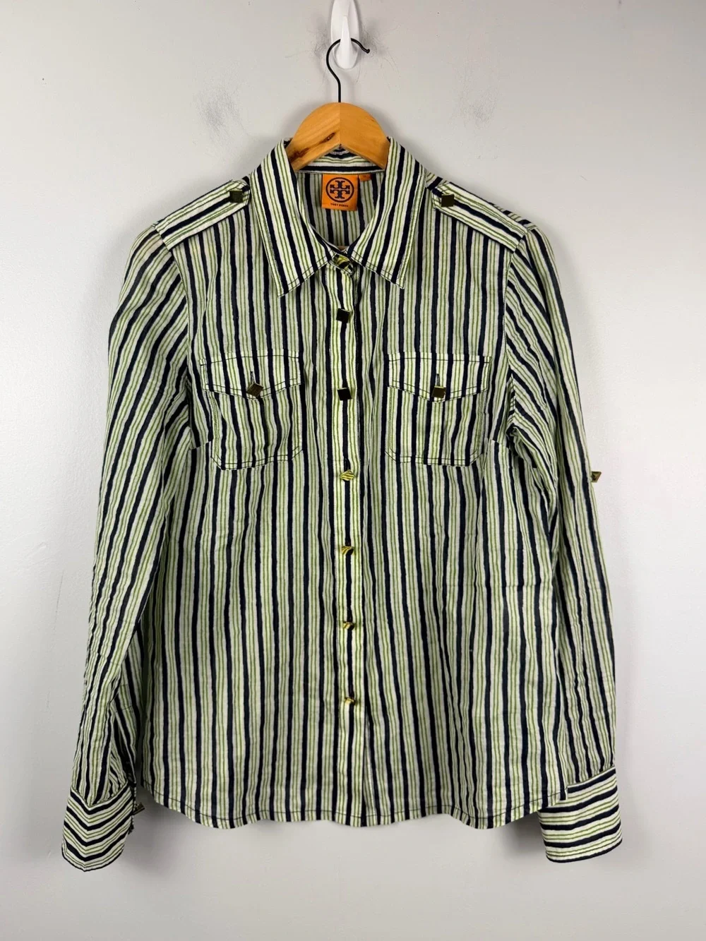 Tory burch green navy white stripe button down blouse with gold detail size 10